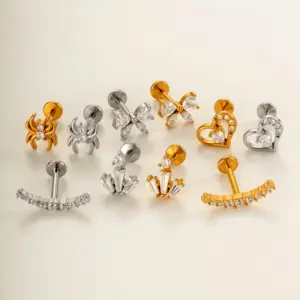 Wholesale Minimalist 316 Stainless Steel Internal Thread Micro Pave Zircon Fashion Spider Heart Lip Stud Ear Bone Stud Soft Cartilage Piercing Ear Jewelry
