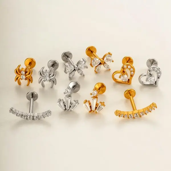 Wholesale Minimalist 316 Stainless Steel Internal Thread Micro Pave Zircon Fashion Spider Heart Lip Stud Ear Bone Stud Soft Cartilage Piercing Ear Jewelry