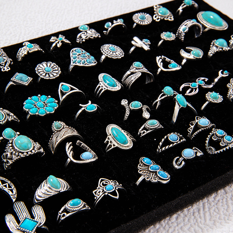 Wholesale Retro Turquoise Ring, Personalized Ethnic Style Oval Cross Geometric Ring