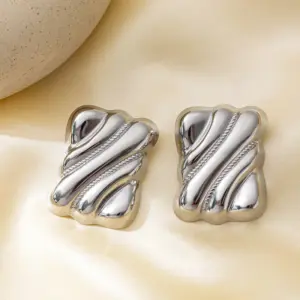 【XKE0268】Rectangular Texture Earrings / Steel Color