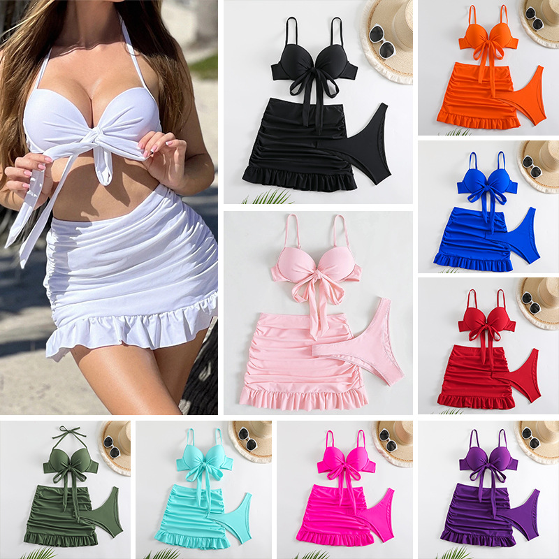 Wholesale 2024 New European and American Split Swimsuit Women's Sexy Solid Color Hard Bag Bikini Lace- High Waist Skirt Hot Spring Swimsuit