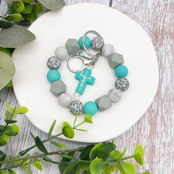 Wholesale Cross Silicone Beaded Keychain Cross Charm Bracelet Keyring Bag
