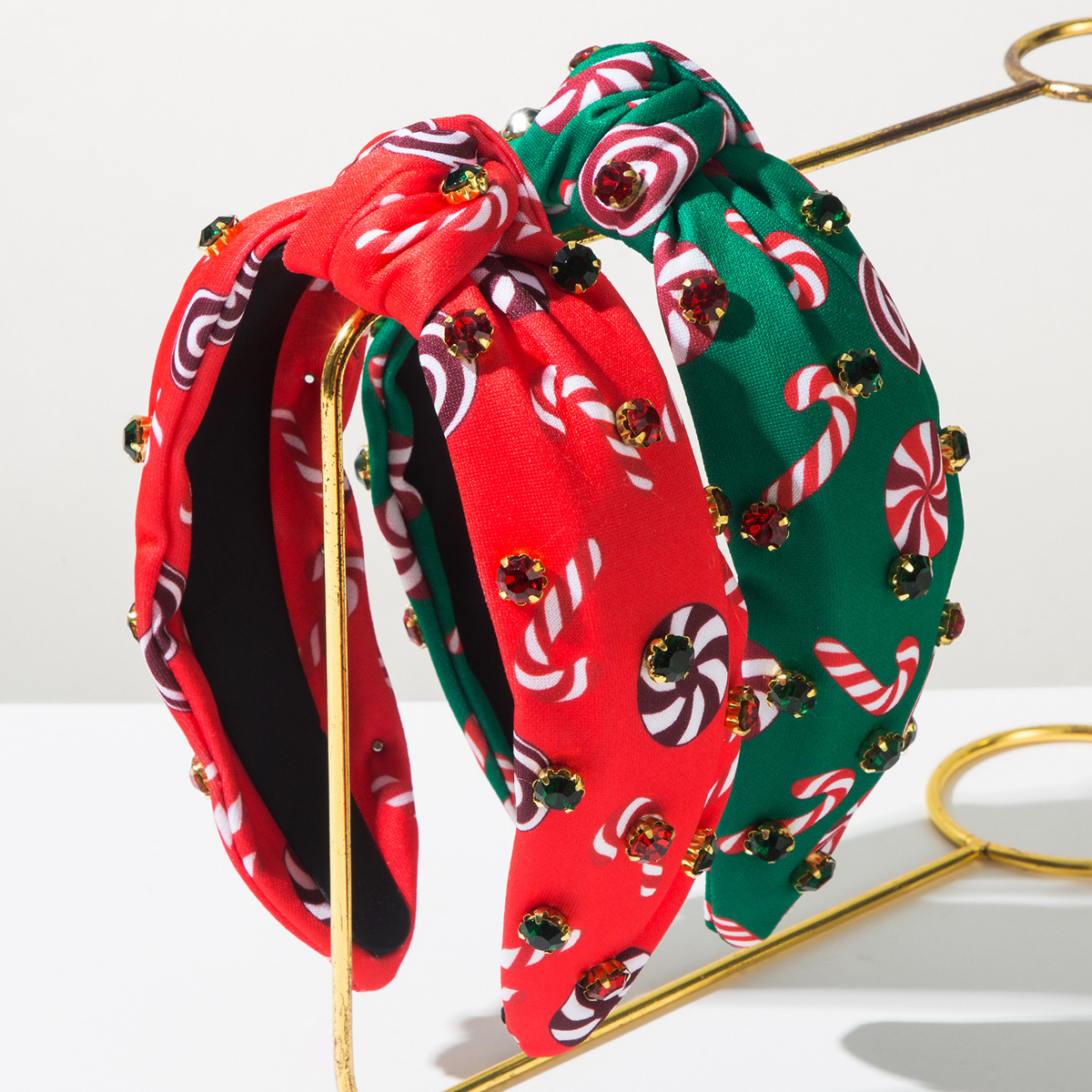 Wholesale Christmas headband, windmill cane print, rhinestone-studded Christmas hair aessory for women