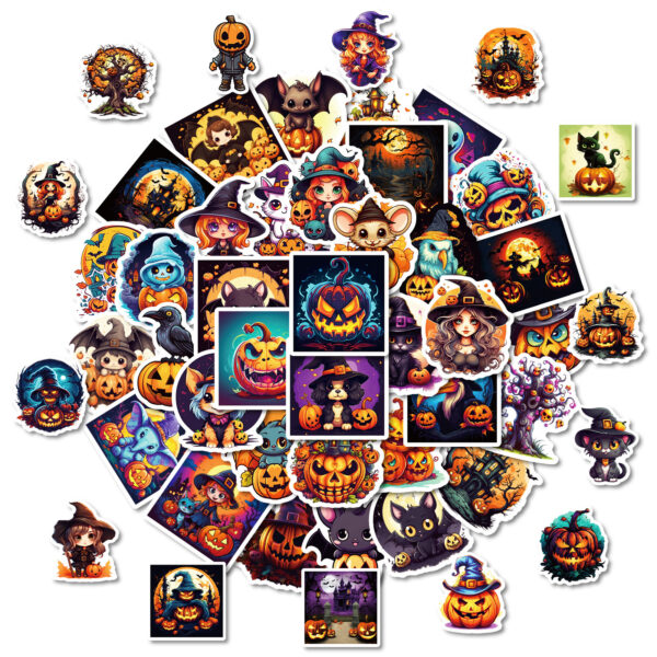 Wholesale Cross-Border Popular 50 Halloween Ghost Face Pumpkin Black Cat Cartoon Graffiti Stickers Mobile Phone Water Cup DIY Decorative Stickers