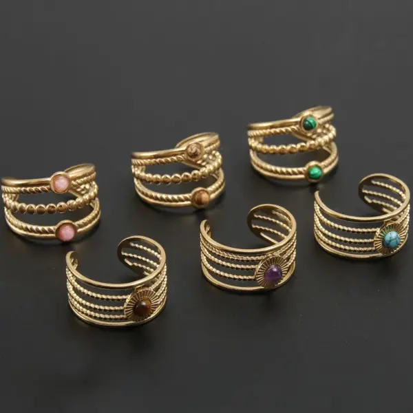 304 Stainless Steel 18K Gold Plated Baroque Style Modern Style Plating Hollow Out Inlay Round Natural Stone Open Ring