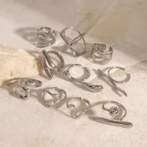 Wholesale 304 Stainless Steel Geometric Exaggerated Artistic Waterproof Non Tarnish Layered Silver Open Rings