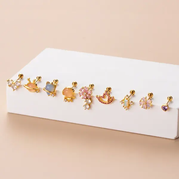 1 Piece 316L Stainless Steel Copper Zircon Ear Cartilage Rings & Studs Heart Shape Flower Waterproof Non Tarnish Surgical Steel Women'S