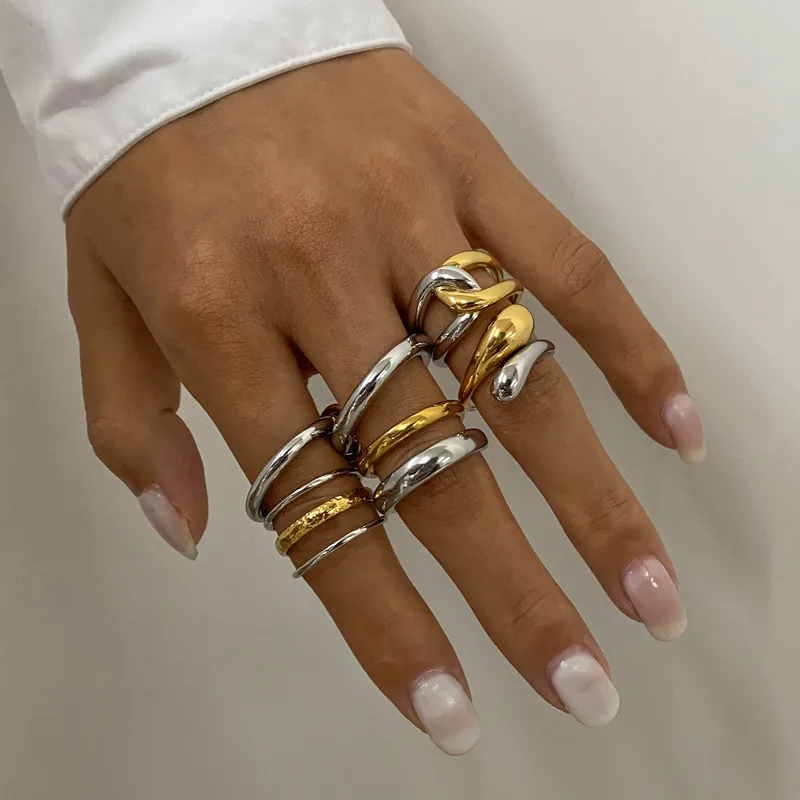 Wholesale PVD Coated Real Gold Plated Geometric 304 Stainless Steel Simple Style Classic Style Waterproof Non Tarnish Rings