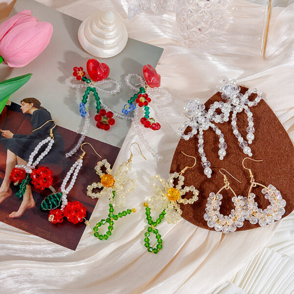 oly-6c420e15427be2a3f169e6f430421cfb Wholesale Ins Spring/Summer Colored Flower Earrings Hand-made Crystal Beaded Woven Pineapple Red Cherry Long All-match Stud Earrings