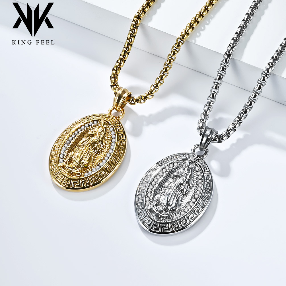 Wholesale Cross-border European and American Hip Hop Hihop Virgin Mary Titanium Steel Necklace Plated 18K Gold Retro Great Wall Pattern Men's Pendant