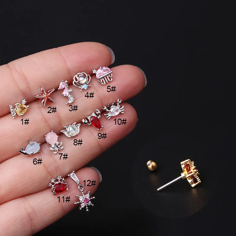 Wholesale Copper Artificial Gemstones Ear Cartilage Rings & Studs Geometric Waterproof Non Tarnish Surgical Steel