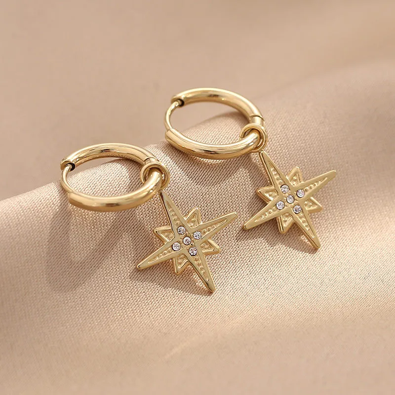 Wholesale PVD Coated 18K Gold Real Gold Plated Circle Star 304 Stainless Steel Retro Waterproof Non Tarnish Charm Sper Hoop Earrings op Earrings