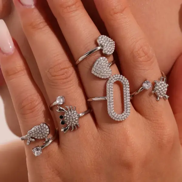 304 Stainless Steel Heart Shape Crab Whale PVD Coated Zircon Real Gold Plated Elegant Beach Shiny Waterproof Non Tarnish Plating Inlay Rings