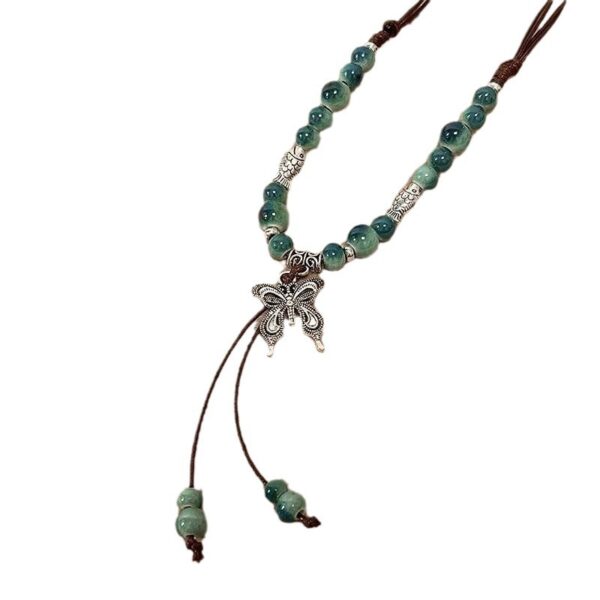 Wholesale Ceramic Necklace New Chinese Ethnic Style Retro Ceramic Butterfly Beaded Clavicle Chain High-End Niche Versatile Gift