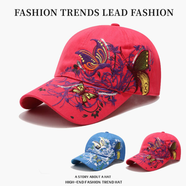 Wholesale Cross-Border Popular Hat for Women in Autumn and Winter Fashion Sequined Butterfly Embroidered Baseball Cap Embroidered Peaked Cap Sun Protection Sun Hat