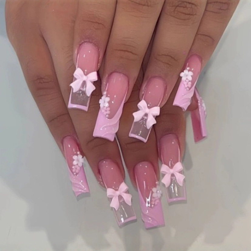 Wholesale Cross-border hot new technology Europe and the United States to wear a sweet cool flower bow long square fake nails finished