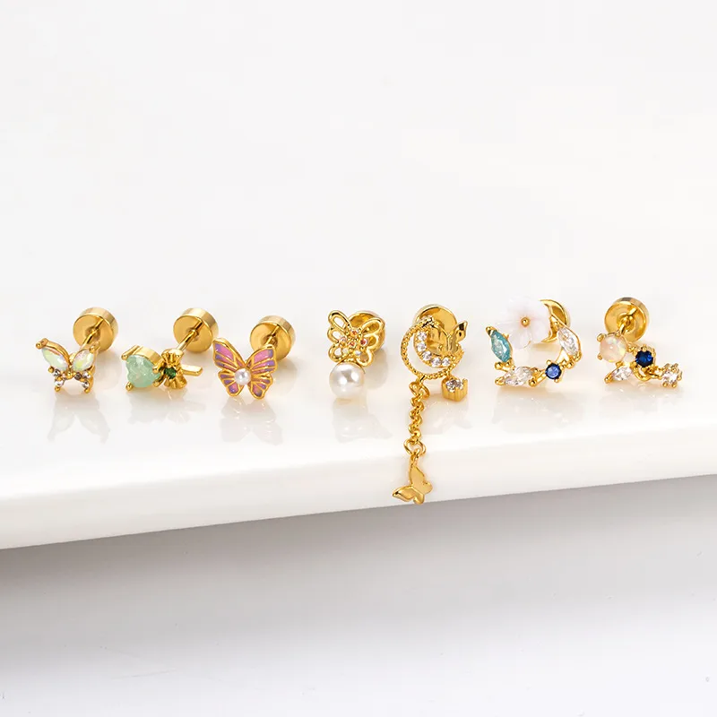 Wholesale 1 Piece 316L Stainless Steel Copper Artificial Pearls Zircon Ear Cartilage Rings & Studs Heart Shape Flower Butterfly Waterproof Non Tar