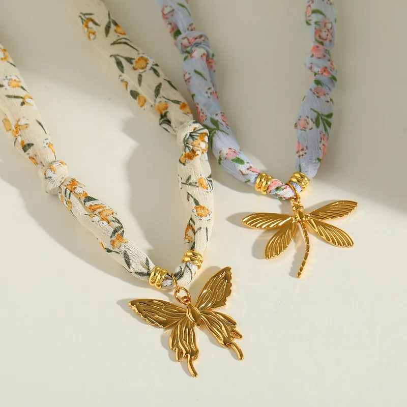 Wholesale Fresh Floral Stainless Steel 18K Gold Butterfly Dragonfly Pendant Cloth Strip Necklace Elegant Casual Vintage Style For Women
