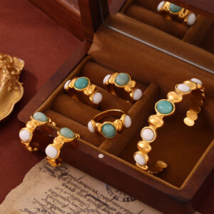 oly-6cb4fa19b5b6fa5406710de658317ee4 Wholesale Cross-Border Hot-Selling Niche Personalized Jewelry Geometric Inlaid Natural Stone Splicing Round Bead Design Titanium Steel Jewelry Set