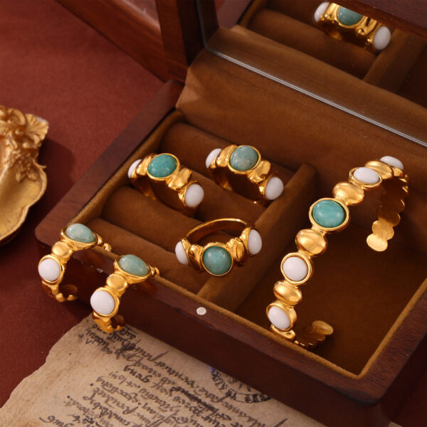 Wholesale Cross-Border Hot-Selling Niche Personalized Jewelry Geometric Inlaid Natural Stone Splicing Round Bead Design Titanium Steel Jewelry Set