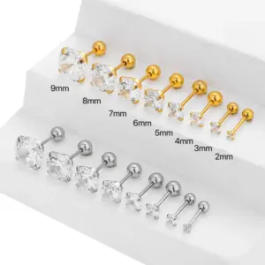Wholesale 18K Gold Plated 316L Stainless Steel Ion Plating (IP) Zircon Round Waterproof Non Tarnish Surgical Steel Nordic Style Simple Style Classic Style Ear Studs Cartilage Earrings For Unisex