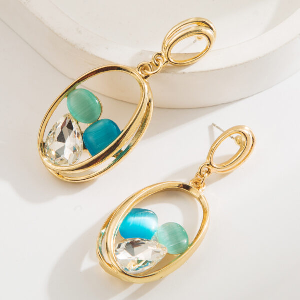 Wholesale European and American Ins Style Exaggerated Long Earrings S925 Silver Needle Inlaid with Diamond Cat's Eye Stone Personalized High-End Elegant Earrings for Women