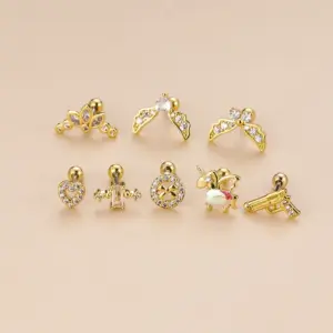 1 Piece 316L Stainless Steel Copper Zircon Ear Cartilage Rings & Studs Heart Shape Waterproof Non Tarnish Surgical Steel