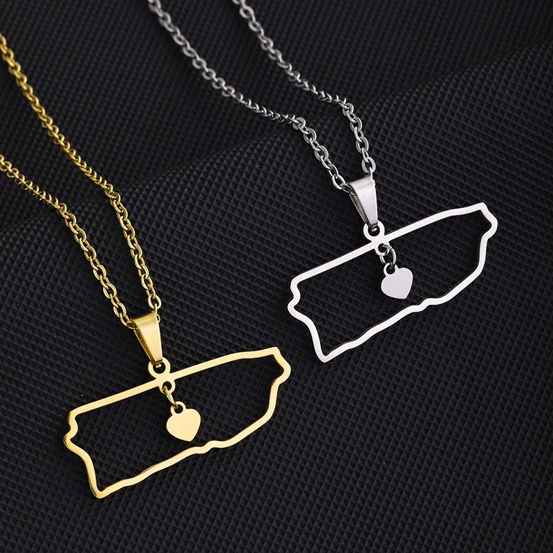 Wholesale Water Plating 18K Gold Plated Map Heart Shape Stainless Steel Casual Simple Style 304 Stainless Steel Pendant Necklace Long Necklace