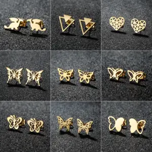 PVD Coated 18K Gold Real Gold Plated Heart Shape Butterfly 304 Stainless Steel Sweet Simple Style Artistic Waterproof Non Tarnish Ear Studs