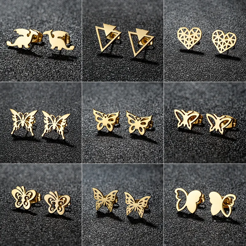 Wholesale PVD Coated 18K Gold Real Gold Plated Heart Shape Butterfly 304 Stainless Steel Sweet Simple Style Artistic Waterproof Non Tarnish Ear Studs