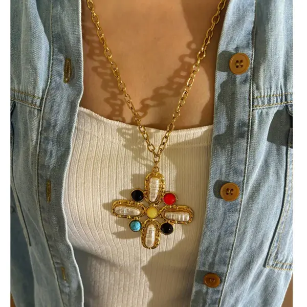 1 Piece Handmade Spliced Chain Stainless Steel Cross Heart Ceramic Multi Pendant 18K Gold Waterproof Color Retention Women's High-end Necklace