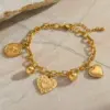 Ion Plating (IP) 18K Gold Plated Geometric Heart Shape Ball 304 Stainless Steel Casual Elegant Artistic Multi Charms Bracelet Necklace