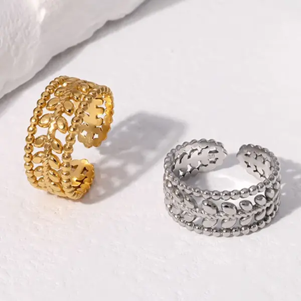 Wholesale PVD Coated Real Gold Plated Leaf Stainless Steel Fashion Waterproof Non Tarnish Open Ring