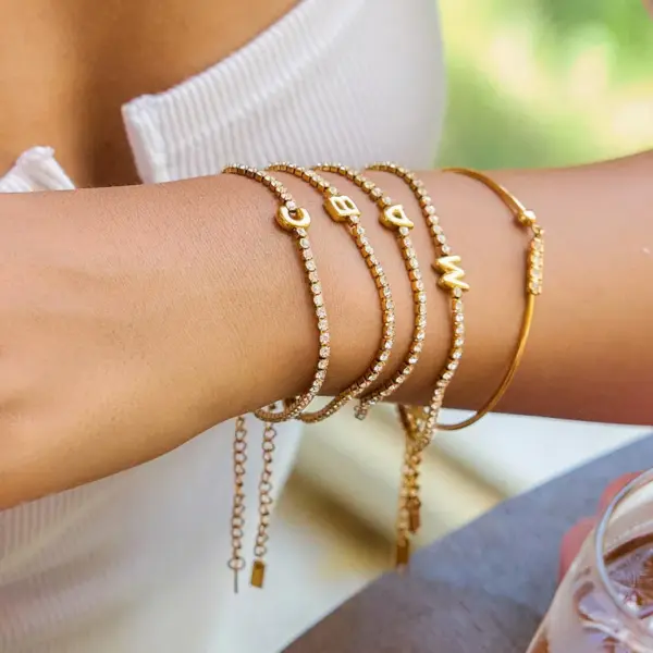 304 Stainless Steel Letter PVD Coated Real Gold Plated Classic Style Waterproof Non Tarnish Tennis Chain Lobster Trigger Clasp Closure Bracelets