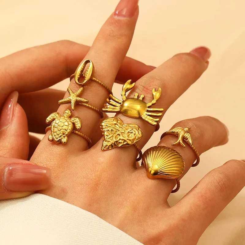 Wholesale Ion Plating (IP) Tortoise Starfish Shell 304 Stainless Steel Hawaiian Beach Tropical Waterproof Non Tarnish Open Rings