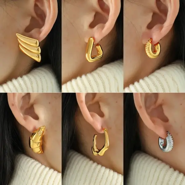 304 Stainless Steel Triangle Croissant Rhombus PVD Coated 18K Real Gold Plated 18K Gold Elegant Vintage Style Waterproof Non Tarnish Pleated Gold Silver Ear Studs