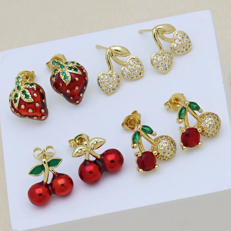 Wholesale 1 Pair Simple Style Cherry Strawberry Enamel Inlay Copper Zircon Ear Studs