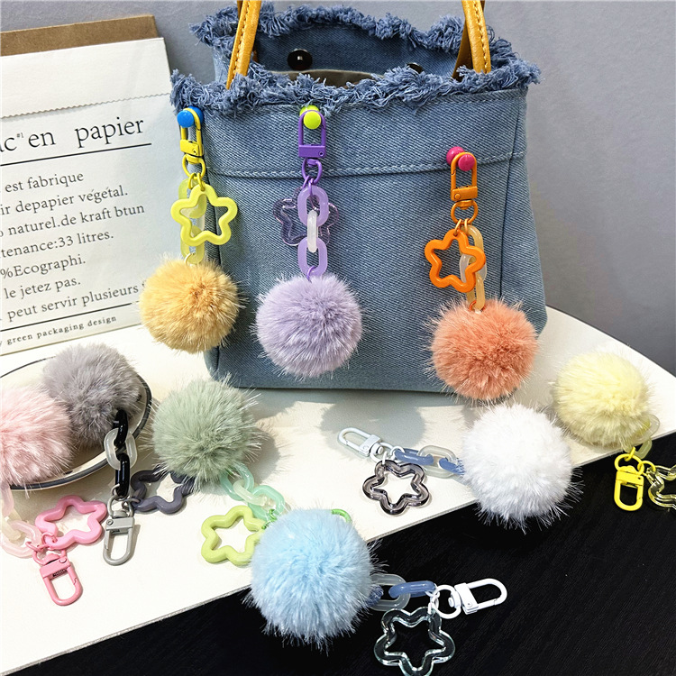 Wholesale Creative cute fur ball small flower key chain small fresh color candy ball plush bag pendant earphone set aessories