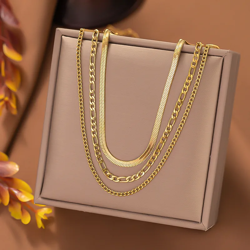 Wholesale PVD Coated Real Gold Plated 18K Gold Solid Color 304 Stainless Steel Vintage Style Waterproof Non Tarnish 304 Stainless Steel Layered Neckla