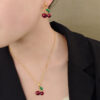 Wholesale Ins Style Red Cherry Collarbone Chain Earrings Jewelry suit Women Cross Border Green Leaf Cherry Pendant Necklace Earrings Accessories