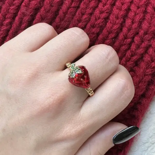Wholesale Jewelry Cute Vintage Style Cherry Strawberry Brass Zircon 18K Gold Plated Open Rings