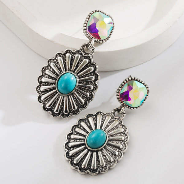 Wholesale Fashion New Western Style Diamond-encrusted Turquoise Water Drop Cross Earrings Retro Creative Distinctive Exaggerated Earrings for Women