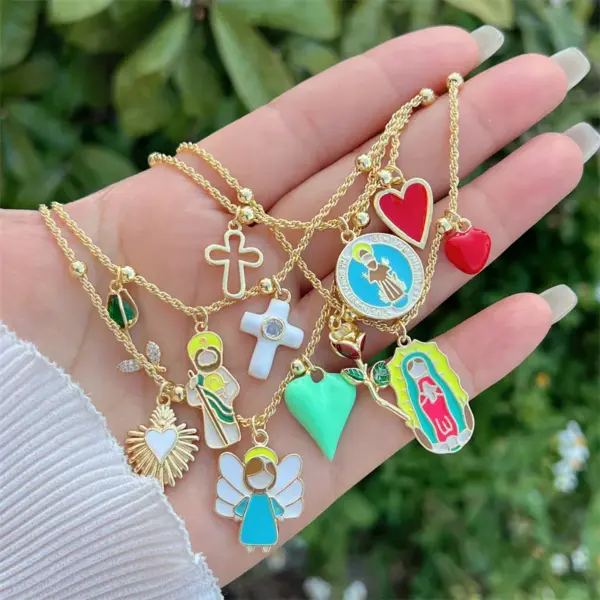 Wholesale Jewelry Retro Classic Style Cross Heart Shape Strawberry Copper Zircon 18K Gold Plated Multi Charms Necklace Twisted Rope Chain