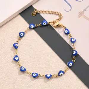 Blue Horizontal Love Heart-Shaped Eye Bracelet (Gold) / 10x5mm (Length:170+50mm) / 1 Strand/Package