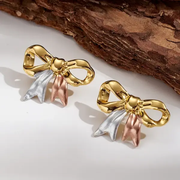 Hot-Selling INS Style 304 Stainless Steel Color-Block Bowknot Heart Straw Hat Flower Water Plated Imitation Gold Polished Earrings