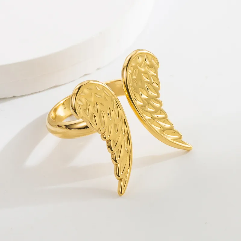 Wholesale PVD Coated Real Gold Plated 14K Gold Hand Heart Shape Wings 304 Stainless Steel Retro Roman Style Waterproof Non Tarnish Open Rings