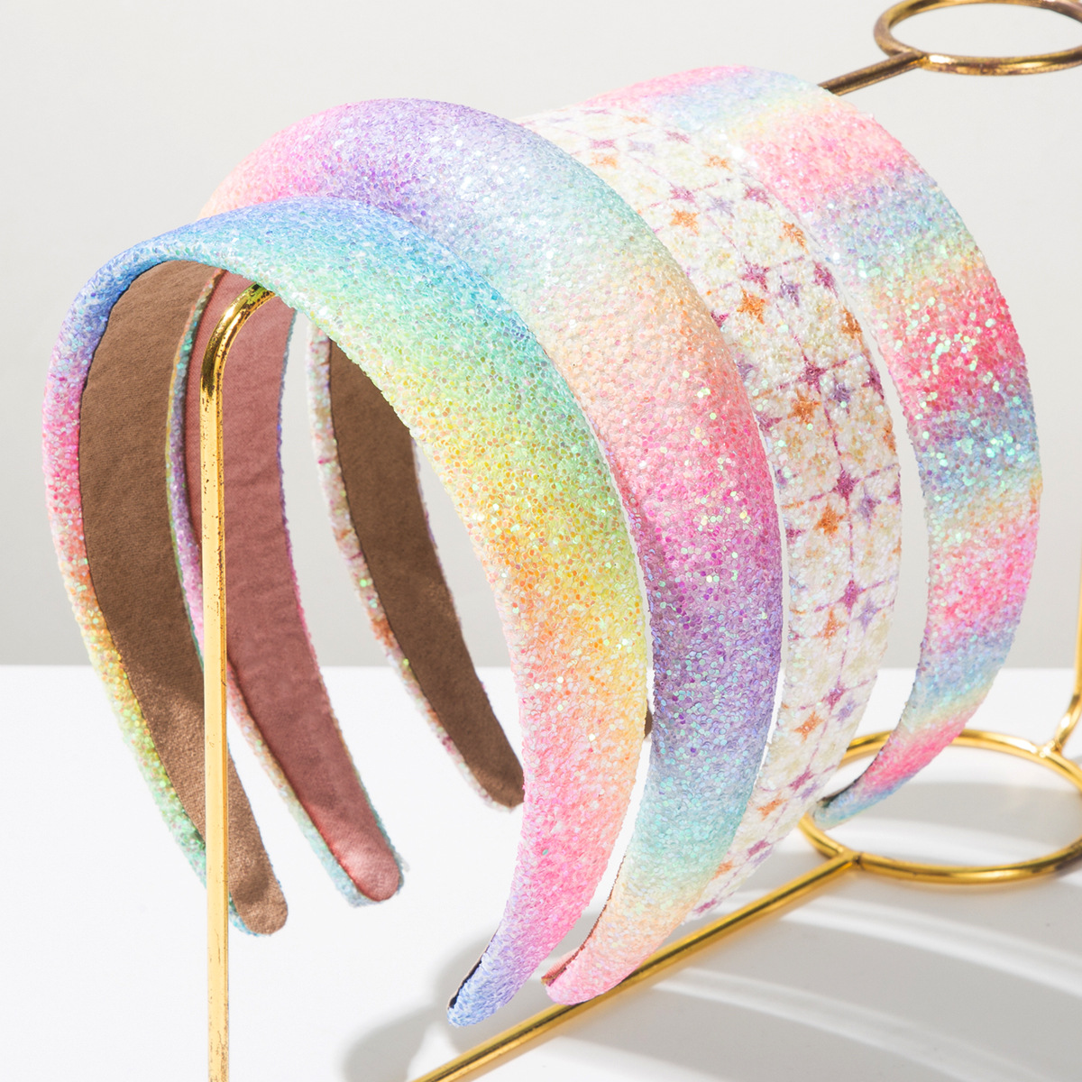 Wholesale Cross-Border New Style Simple Rainbow Color Sequin Plaid Headband Women's High-End Fashion Gradient Versatile Ser Shiny Hair Aessories