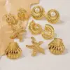304 Stainless Steel Plastic Starfish Conch Shell Electroplating Imitation Gold Marine Style Irregular Multicolor-Golden Yellow Ear Studs