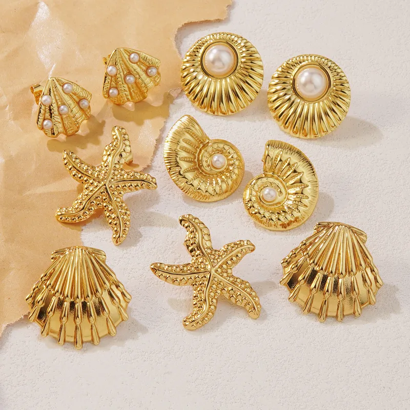 Wholesale 304 Stainless Steel Plastic Starfish Conch Shell Electroplating Imitation Gold Marine Style Irregular Multicolor-Golden Yellow Ear Studs