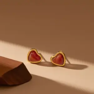 E0396-Red Heart-earrings- Gold